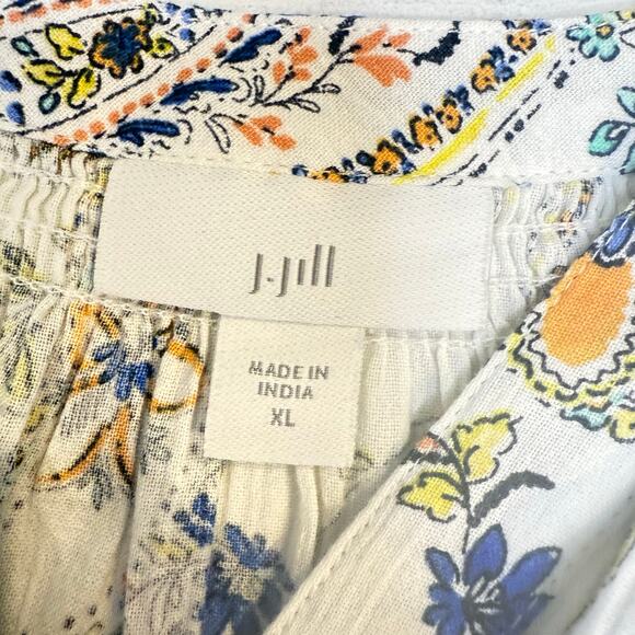J. Jill XL white blue Floral Long Sleeve peasant blouse cottage coquette fall - Picture 4 of 7